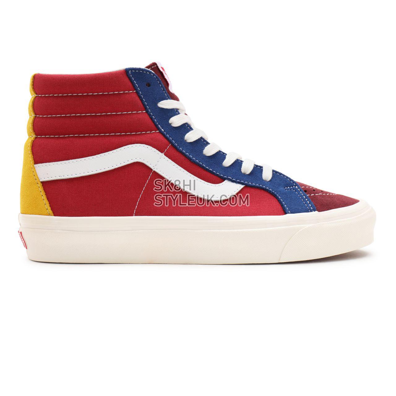 Vans Anaheim Factory Sk8-Hi 38 DX Red Classic Mens Womens - (Anaheim Factory) port/chili/blue/gold VN0A38GF9XP Shoes