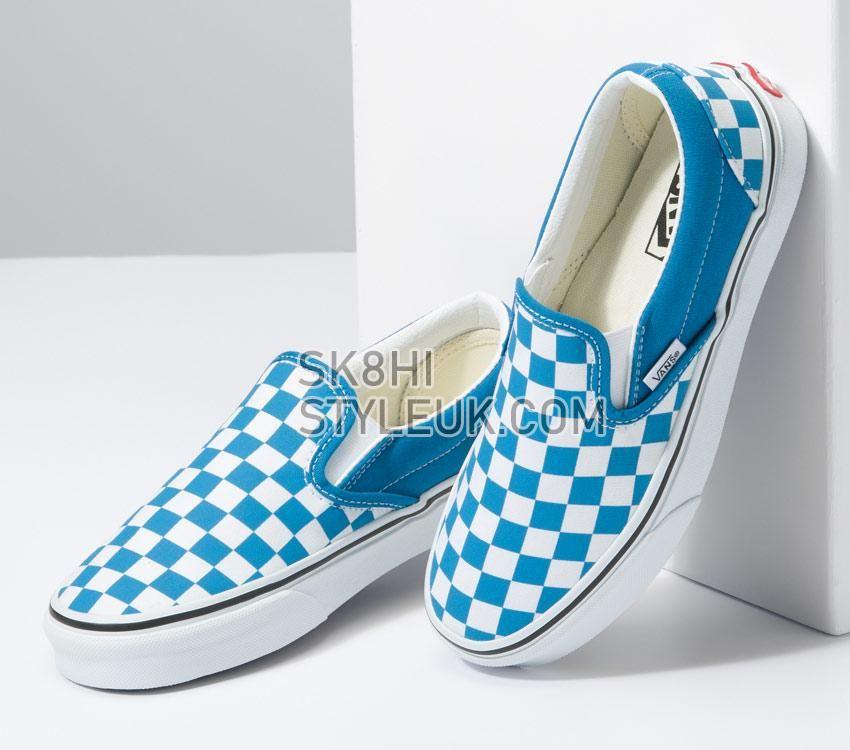 Vans Classic Slip-On Mens Womens - Color Theory Checkerboard Mediterranian Blue VN0A5JMHVD3 Shoes