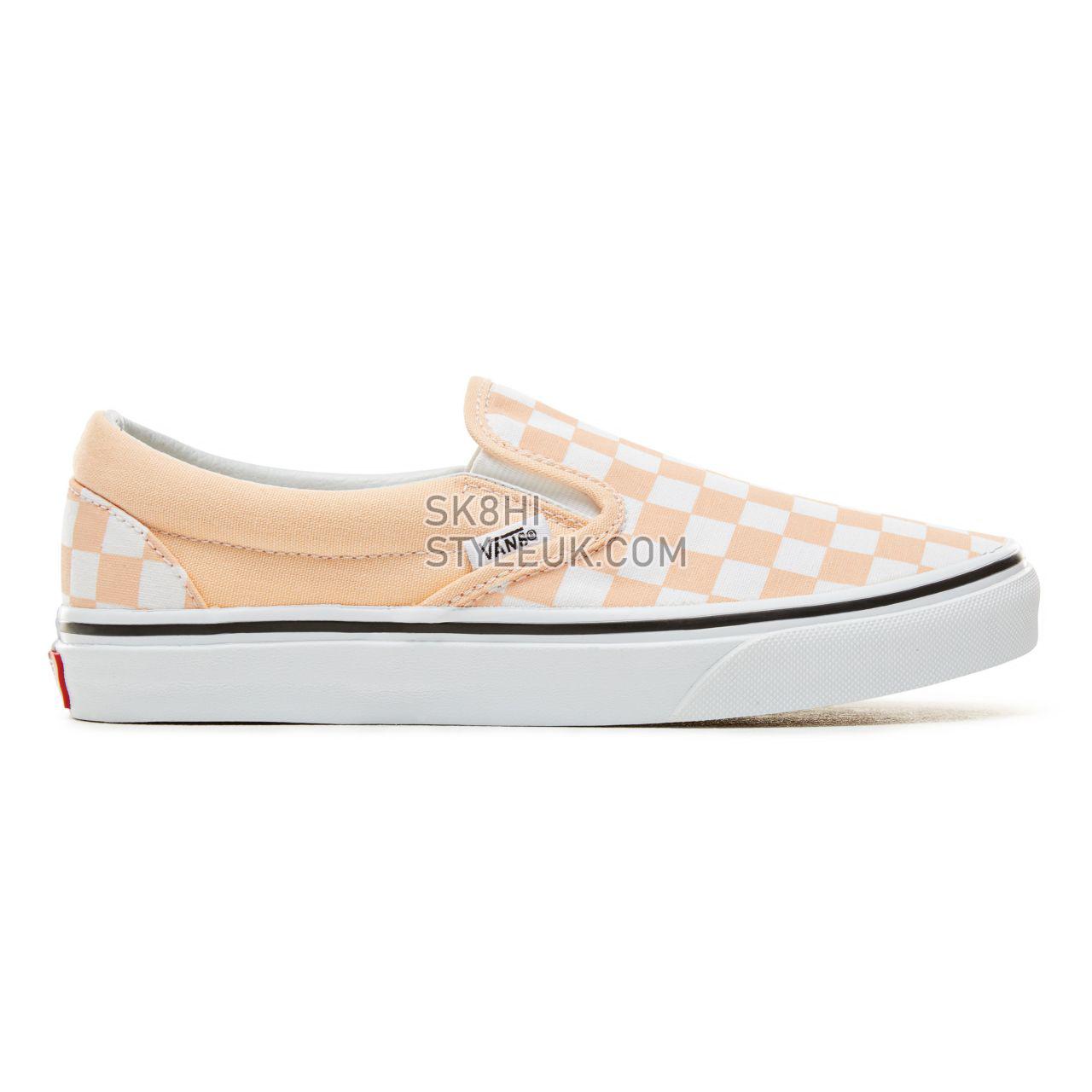 Vans Color Theory Checkerboard Classic Slip-On Classic (Unisex) Mens Womens - (Checkerboard) Bleached Apricot/True White VA38F7U