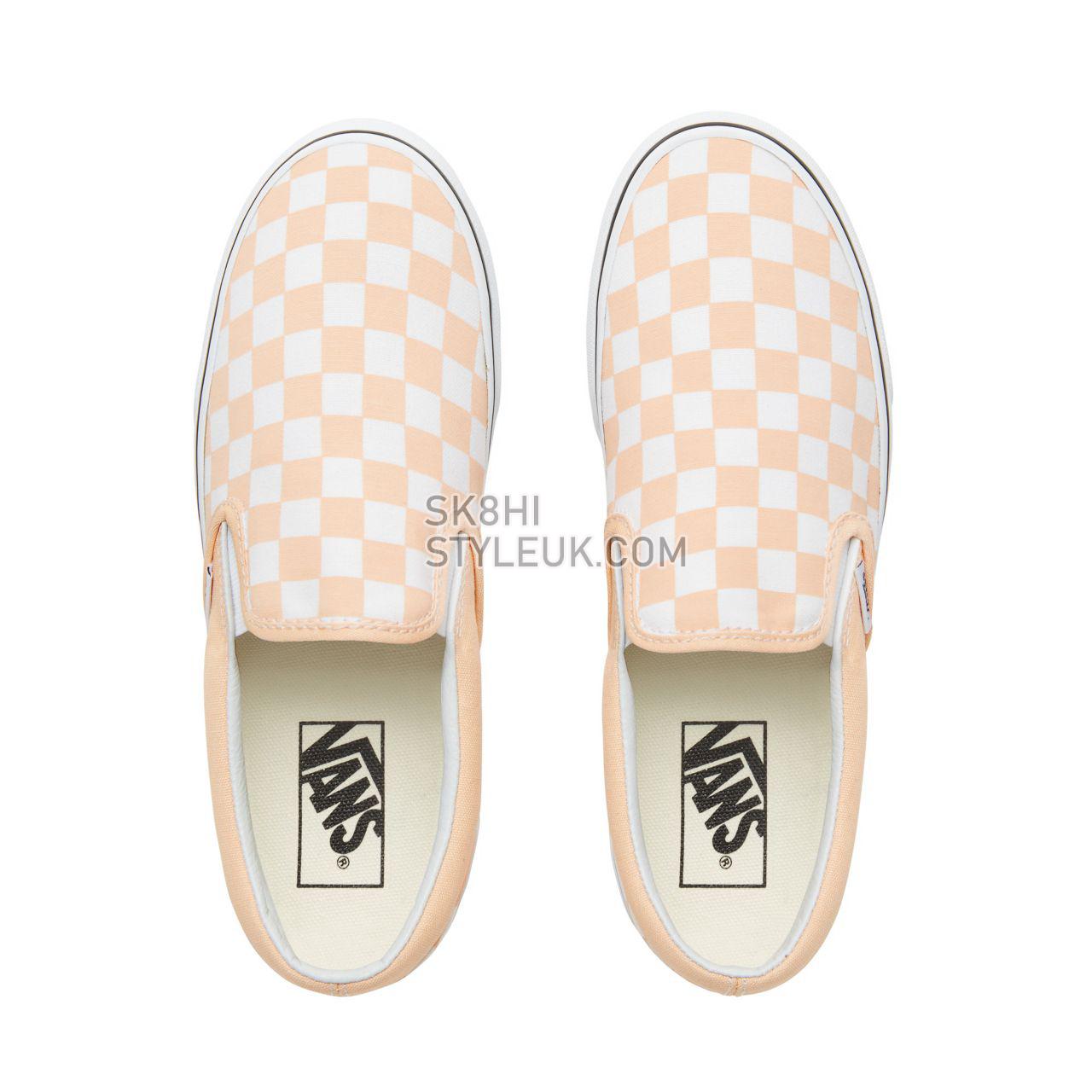 Vans Color Theory Checkerboard Classic Slip-On Classic (Unisex) Mens Womens - (Checkerboard) Bleached Apricot/True White VA38F7U