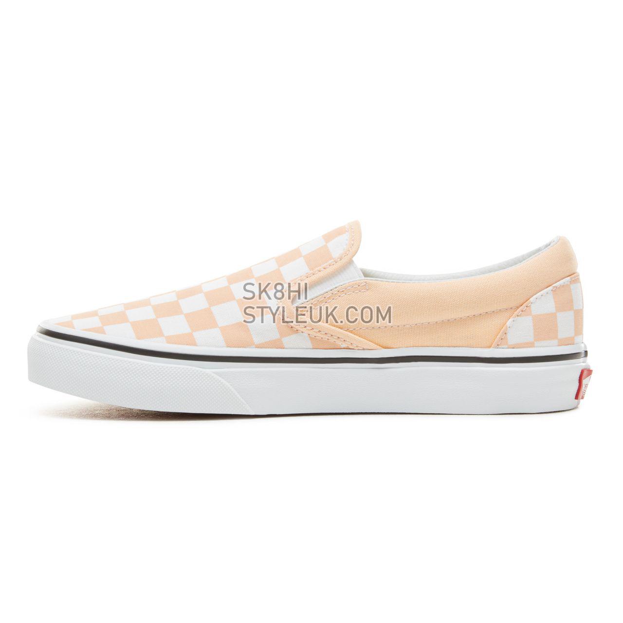 Vans Color Theory Checkerboard Classic Slip-On Classic (Unisex) Mens Womens - (Checkerboard) Bleached Apricot/True White VA38F7U