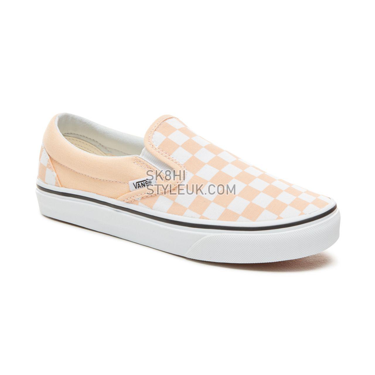 Vans Color Theory Checkerboard Classic Slip-On Classic (Unisex) Mens Womens - (Checkerboard) Bleached Apricot/True White VA38F7U