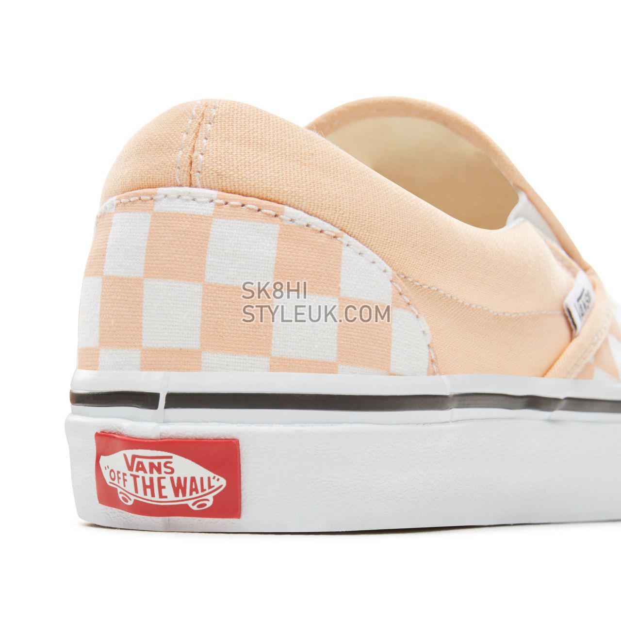 Vans Color Theory Checkerboard Classic Slip-On Classic (Unisex) Mens Womens - (Checkerboard) Bleached Apricot/True White VA38F7U