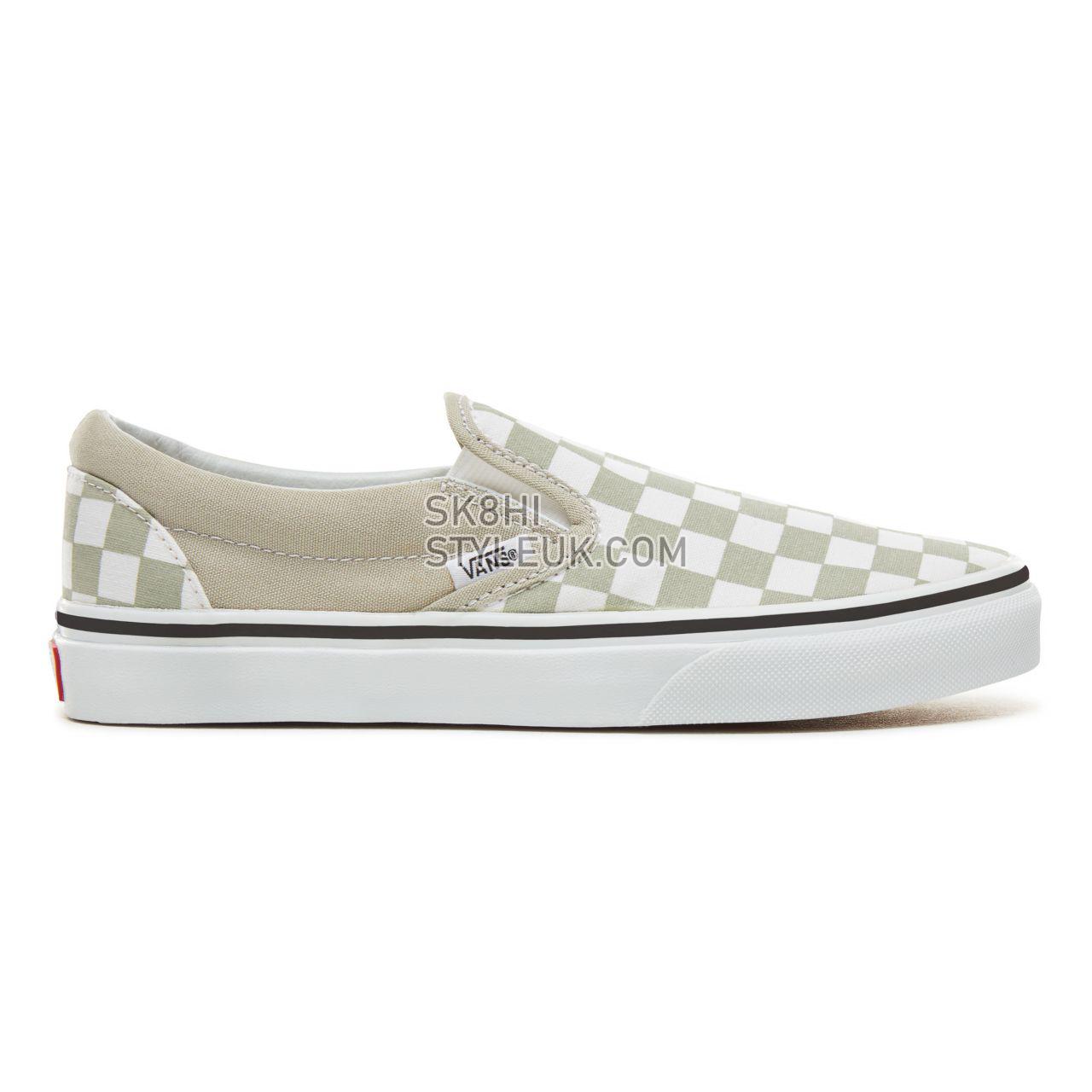 Vans Color Theory Checkerboard Classic Slip-On Classic (Unisex) Mens Womens - (Checkerboard) Desert Sage/True White VA38F7U79 Sh