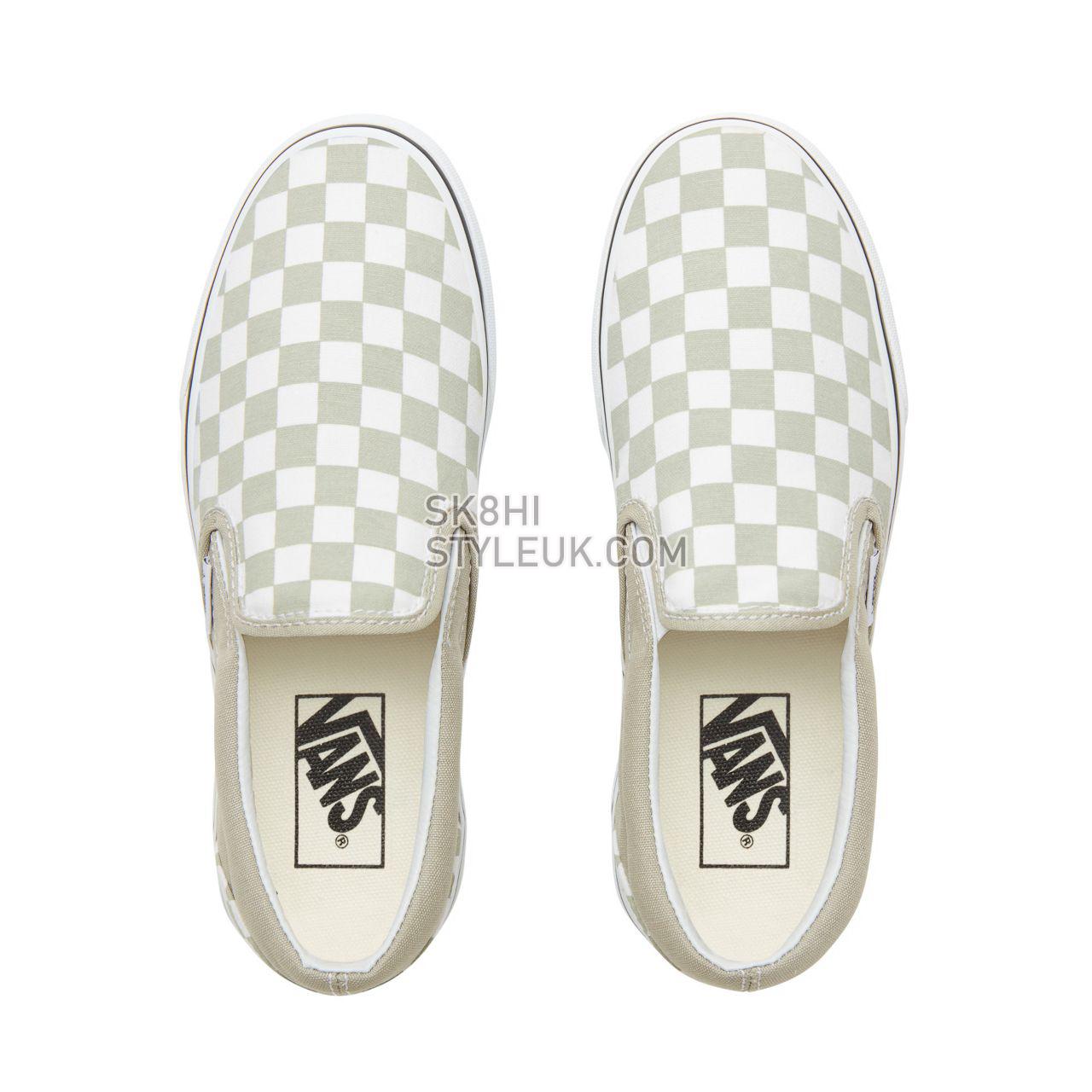 Vans Color Theory Checkerboard Classic Slip-On Classic (Unisex) Mens Womens - (Checkerboard) Desert Sage/True White VA38F7U79 Sh