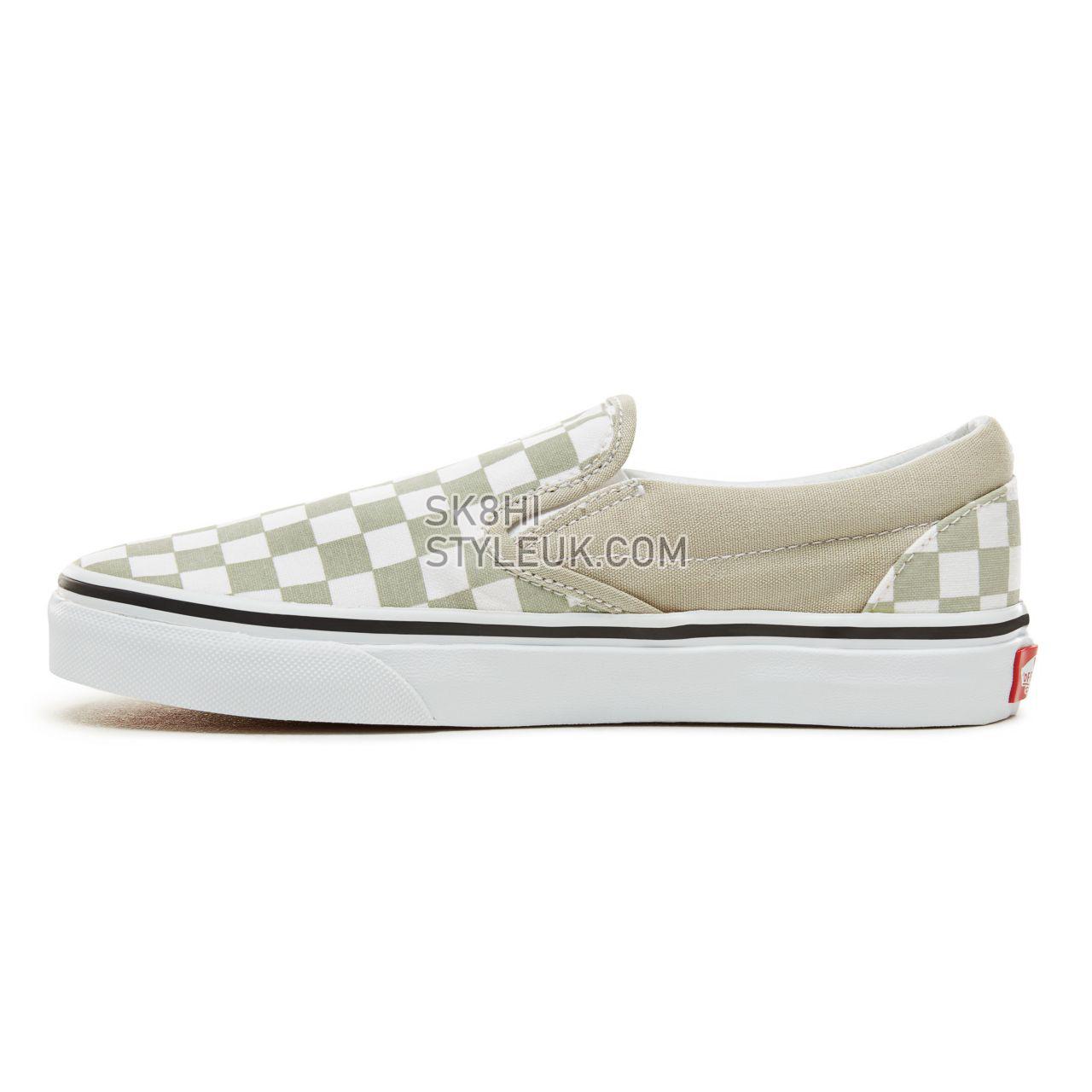 Vans Color Theory Checkerboard Classic Slip-On Classic (Unisex) Mens Womens - (Checkerboard) Desert Sage/True White VA38F7U79 Sh