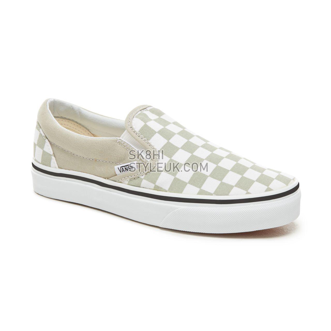 Vans Color Theory Checkerboard Classic Slip-On Classic (Unisex) Mens Womens - (Checkerboard) Desert Sage/True White VA38F7U79 Sh