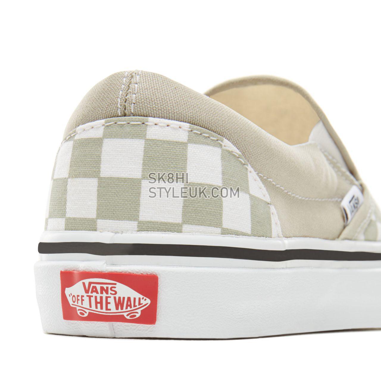 Vans Color Theory Checkerboard Classic Slip-On Classic (Unisex) Mens Womens - (Checkerboard) Desert Sage/True White VA38F7U79 Sh