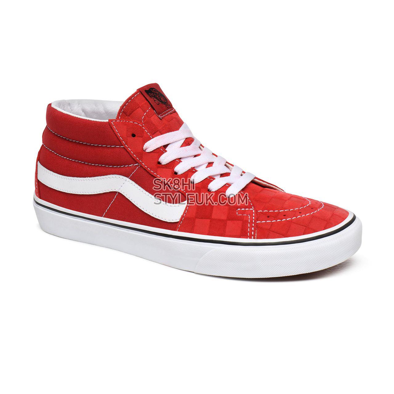 Vans Deboss Checkerboard Sk8-Mid Red Classic Mens Womens - (Deboss Checkerboard) Pompeian Red/True White VN0A3WM3WJ2 Shoes